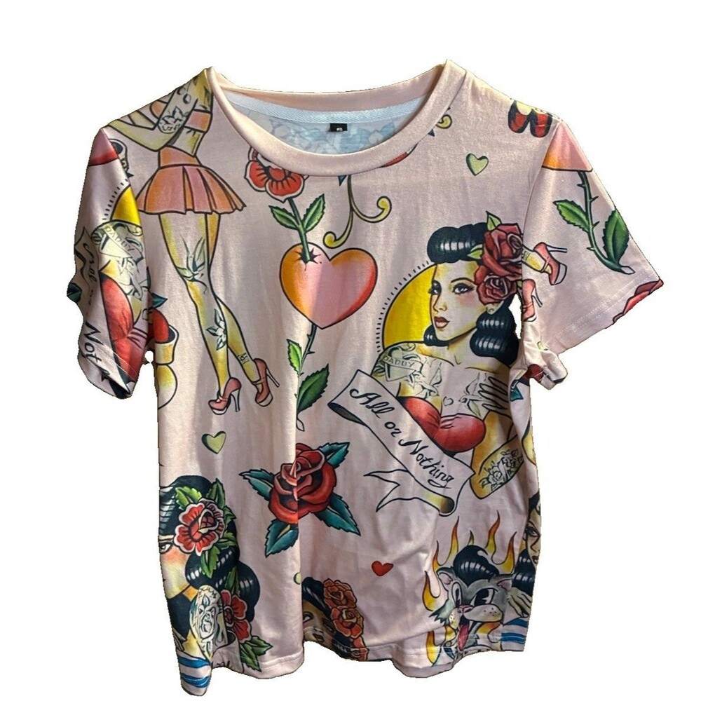 Women’s Small Top Remnant Tattoo Pinup Rockabilly Graphic